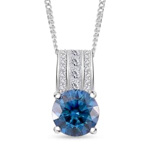 Heart and Arrow Cut Sapphire Blue and White Moissanite 2.00 ctw Bridge Pendant Necklace in Rhodium Over Sterling Silver 20 Inches