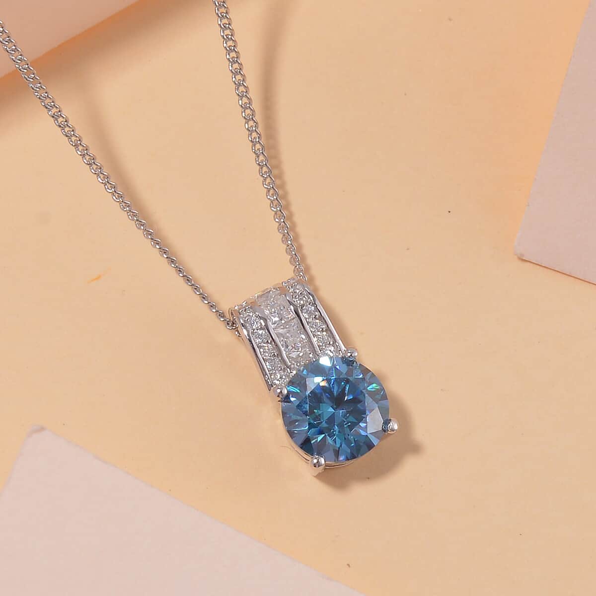 Heart and Arrow Cut Sapphire Blue and White Moissanite 2.00 ctw Bridge Pendant Necklace in Rhodium Over Sterling Silver 20 Inches image number 1