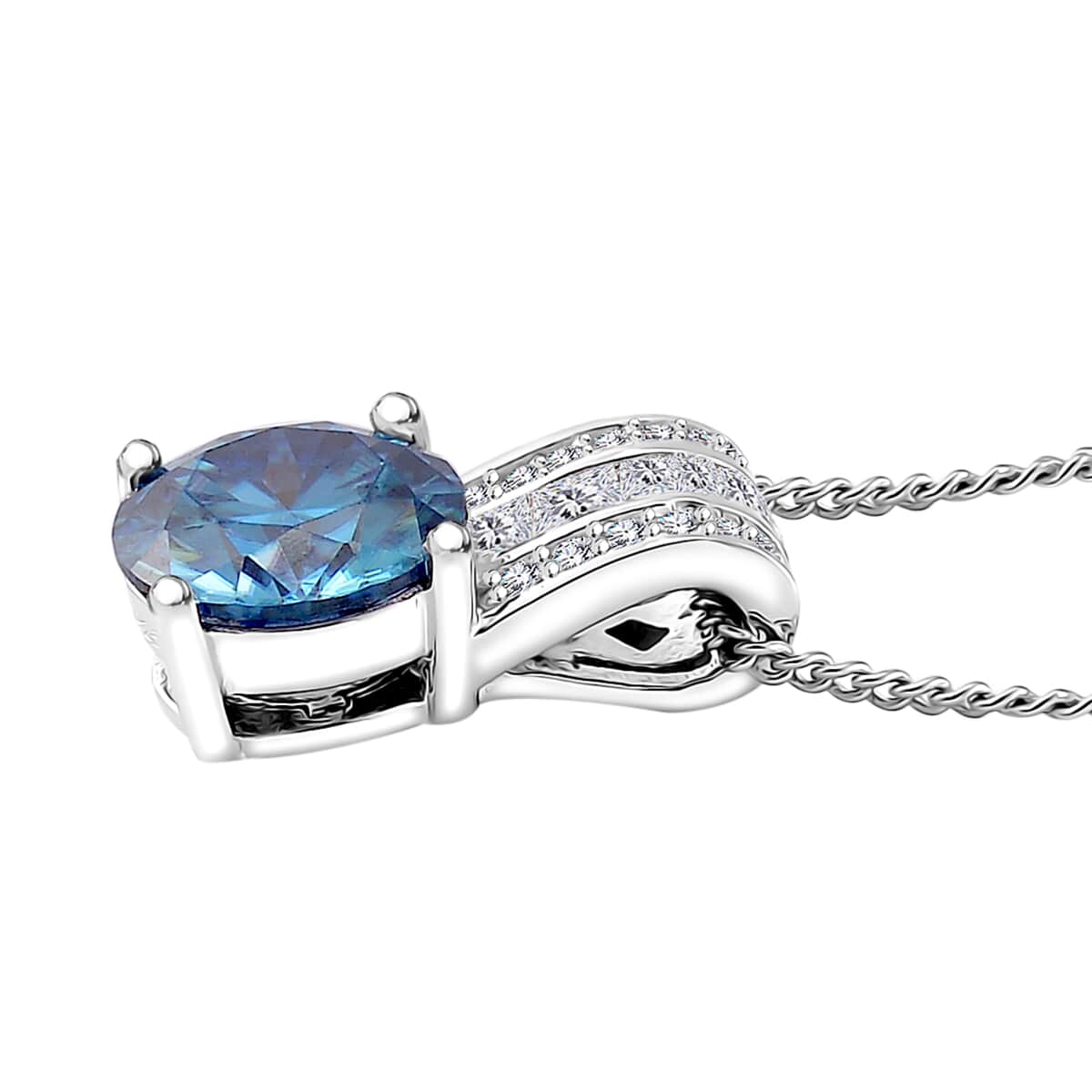 Heart and Arrow Cut Sapphire Blue and White Moissanite 2.00 ctw Bridge Pendant Necklace in Rhodium Over Sterling Silver 20 Inches image number 3