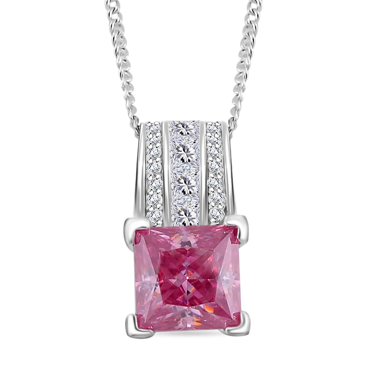 Lotus Pink and White Moissanite 2.00 ctw Bridge Pendant Necklace in Rhodium Over Sterling Silver 20 Inches image number 0