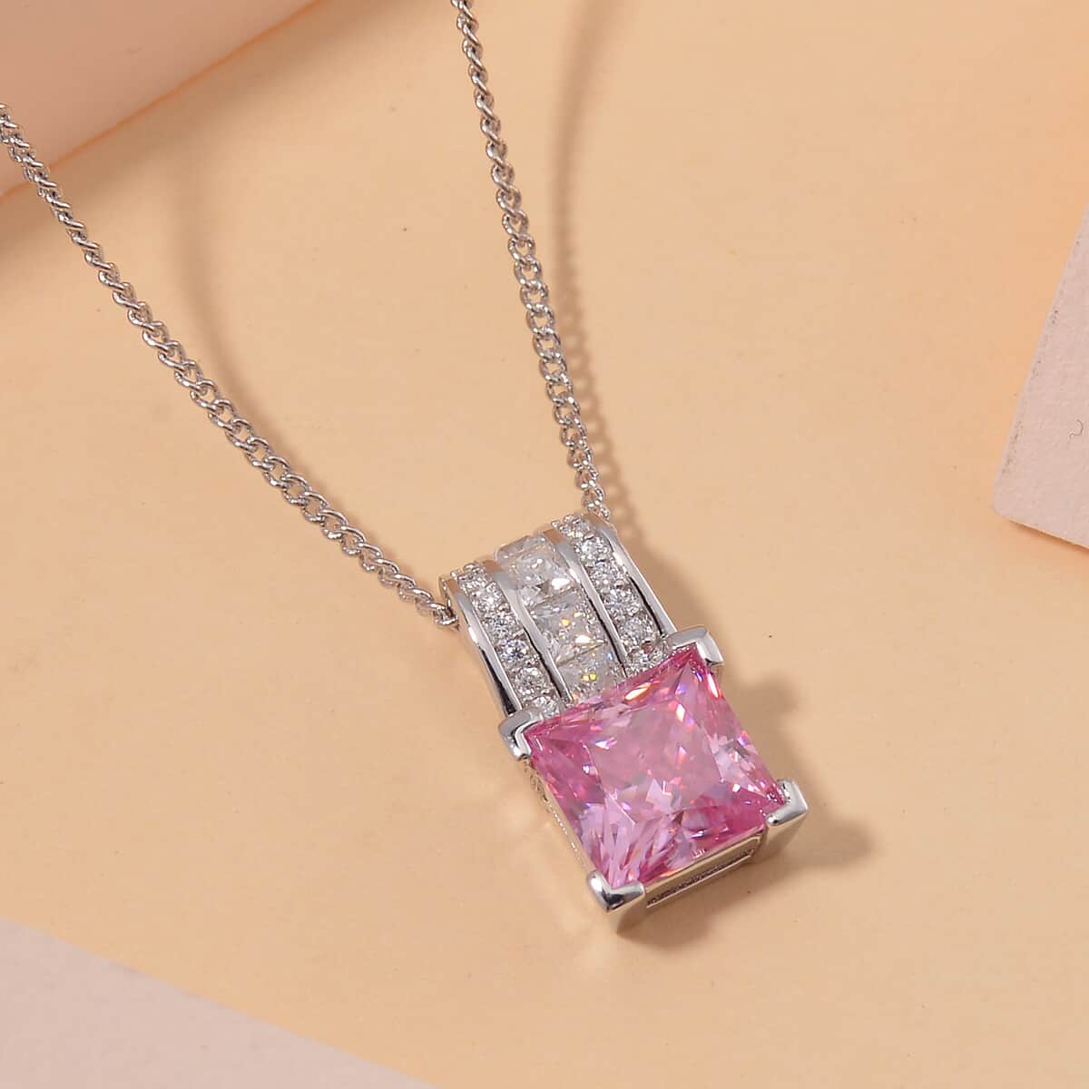 Lotus Pink and White Moissanite 2.00 ctw Bridge Pendant Necklace in Rhodium Over Sterling Silver 20 Inches image number 1