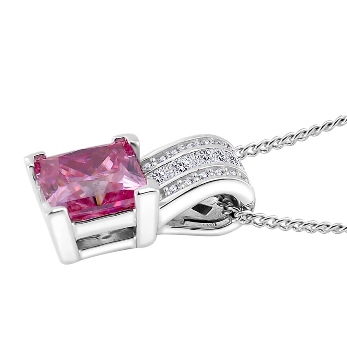 Lotus Pink and White Moissanite 2.00 ctw Bridge Pendant Necklace in Rhodium Over Sterling Silver 20 Inches image number 3