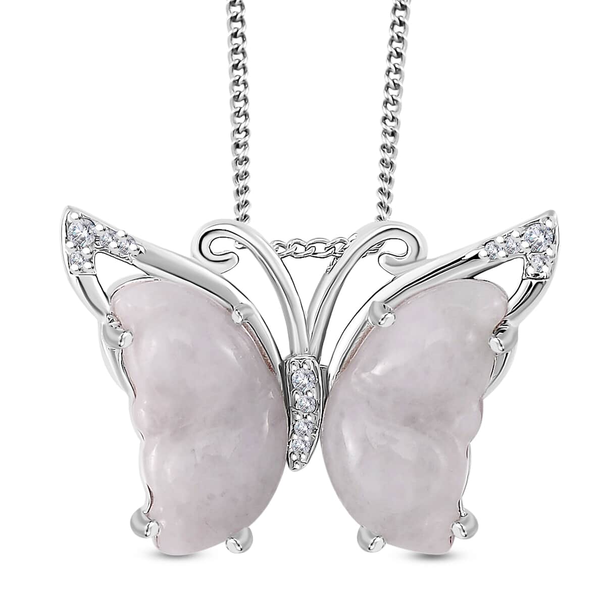 Natural Jade and White Zircon 7.15 ctw Butterfly Pendant Necklace in Rhodium Over Sterling Silver 20 Inches image number 0