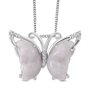 Natural Jade and White Zircon 7.15 ctw Butterfly Pendant Necklace in Rhodium Over Sterling Silver 20 Inches