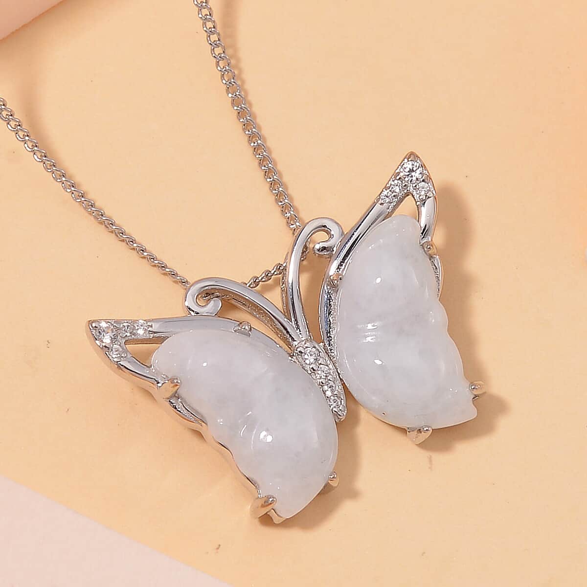 Natural Jade and White Zircon 7.15 ctw Butterfly Pendant Necklace in Rhodium Over Sterling Silver 20 Inches image number 1