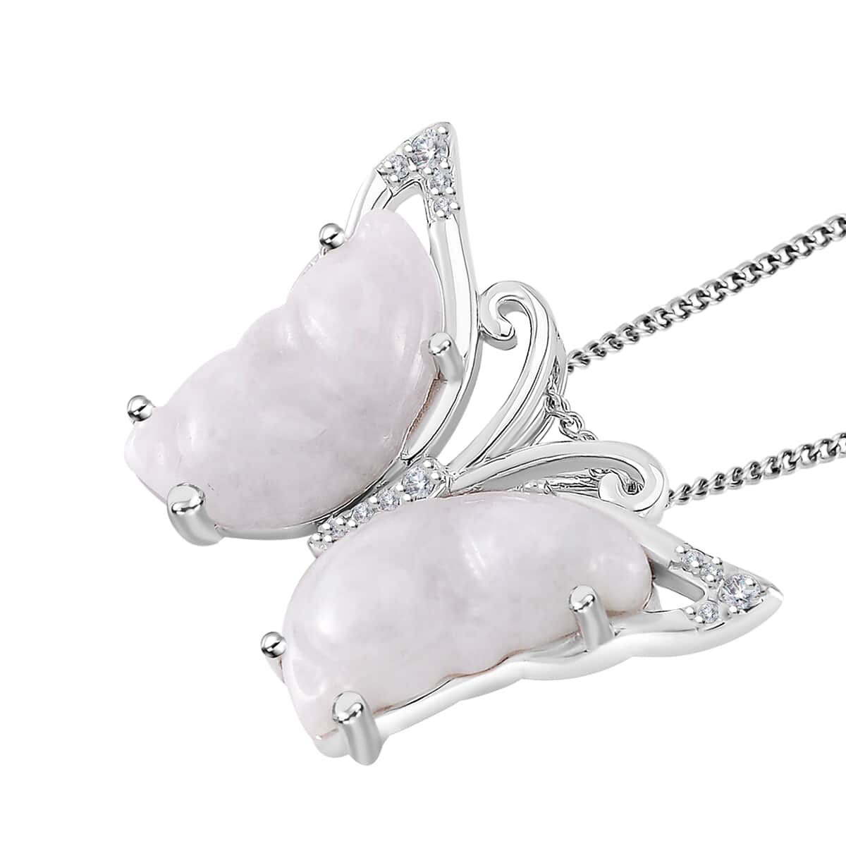 Natural Jade and White Zircon 7.15 ctw Butterfly Pendant Necklace in Rhodium Over Sterling Silver 20 Inches image number 3