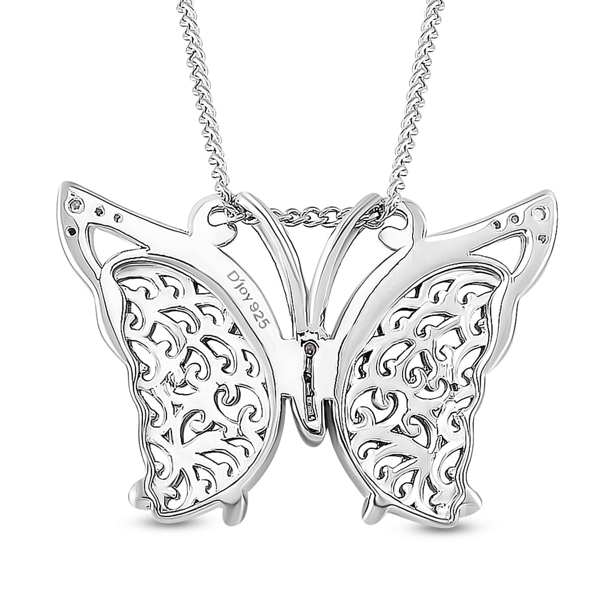 Natural Jade and White Zircon 7.15 ctw Butterfly Pendant Necklace in Rhodium Over Sterling Silver 20 Inches