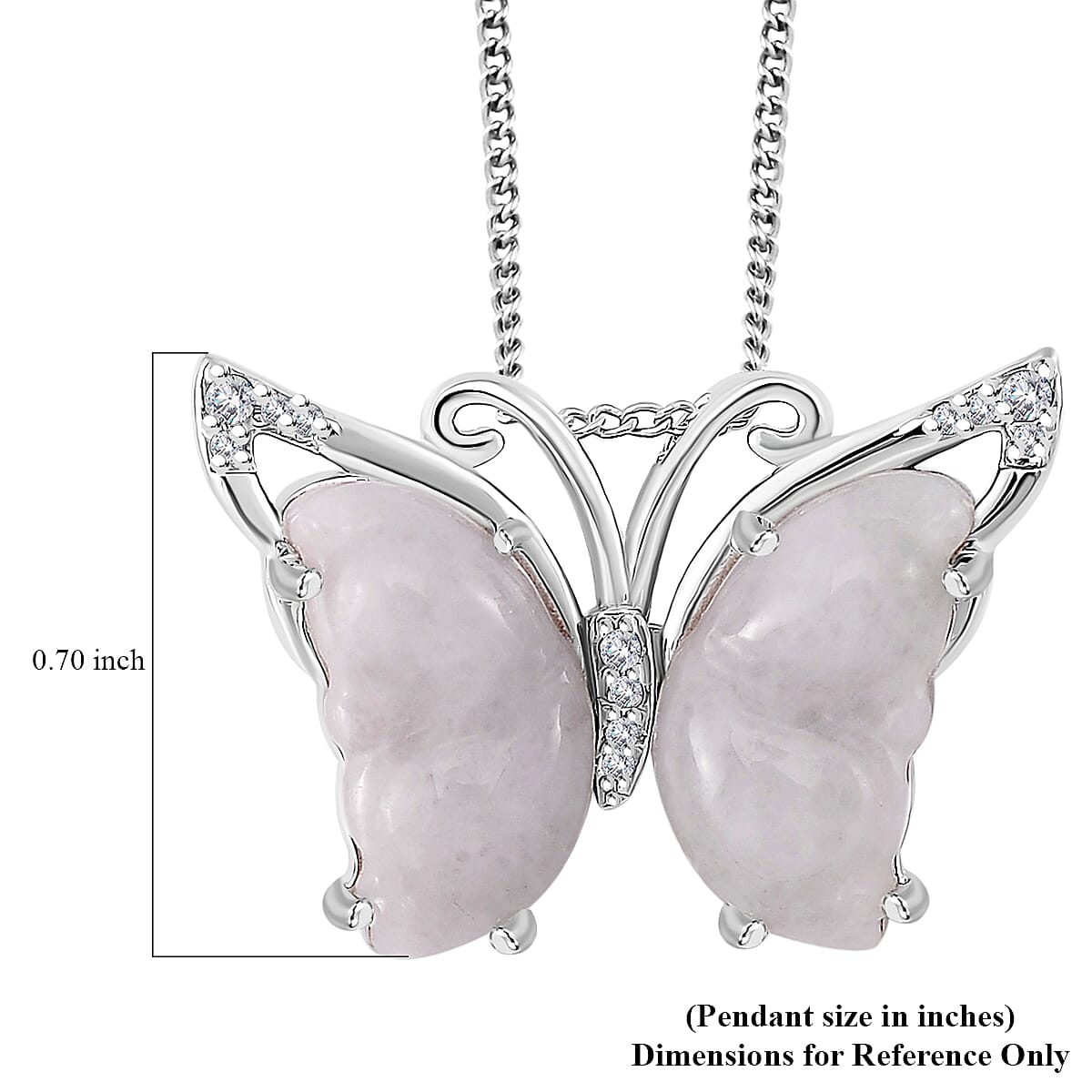 Natural Jade and White Zircon 7.15 ctw Butterfly Pendant Necklace in Rhodium Over Sterling Silver 20 Inches