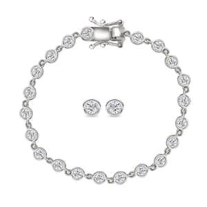 Moissanite 3.15 ctw Link Bracelet (6.50In) and Stud Earrings in Rhodium Over Sterling Silver