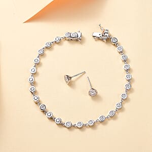 Moissanite 3.15 ctw Link Bracelet (6.50In) and Stud Earrings in Rhodium Over Sterling Silver