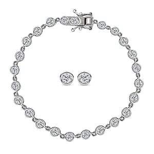 Moissanite 3.35 ctw Link Bracelet (7.25In) and Stud Earrings in Rhodium Over Sterling Silver