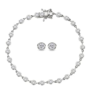 Moissanite 3.65 ctw Link Bracelet (8.00In) and Stud Earrings in Rhodium Over Sterling Silver