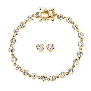 Moissanite 3.15 ctw Link Bracelet (6.50In) and Stud Earrings in 18K Vermeil Yellow Gold Over Sterling Silver