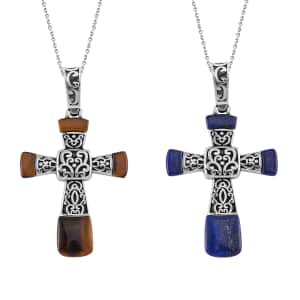 Set of 2 Yellow Tiger Eye and Lapis Lazuli Inlay 14.20 ctw Cross Pendant Necklace in Stainless Steel 24 Inches