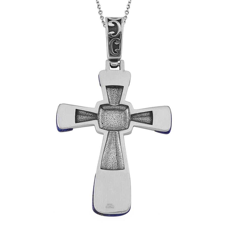Set of 2 Yellow Tiger Eye and Lapis Lazuli Inlay 14.20 ctw Cross Pendant Necklace in Stainless Steel 24 Inches