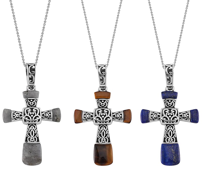 Set of 3 Malagasy Labradorite, Yellow Tiger Eye and Lapis Lazuli Inlay 21.30 ctw Cross Pendant Necklace in Stainless Steel 24 Inches