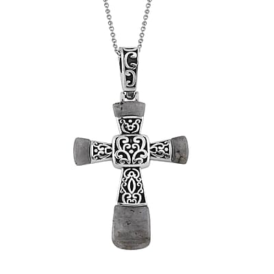 Set of 3 Malagasy Labradorite, Yellow Tiger Eye and Lapis Lazuli Inlay 21.30 ctw Cross Pendant Necklace in Stainless Steel 24 Inches
