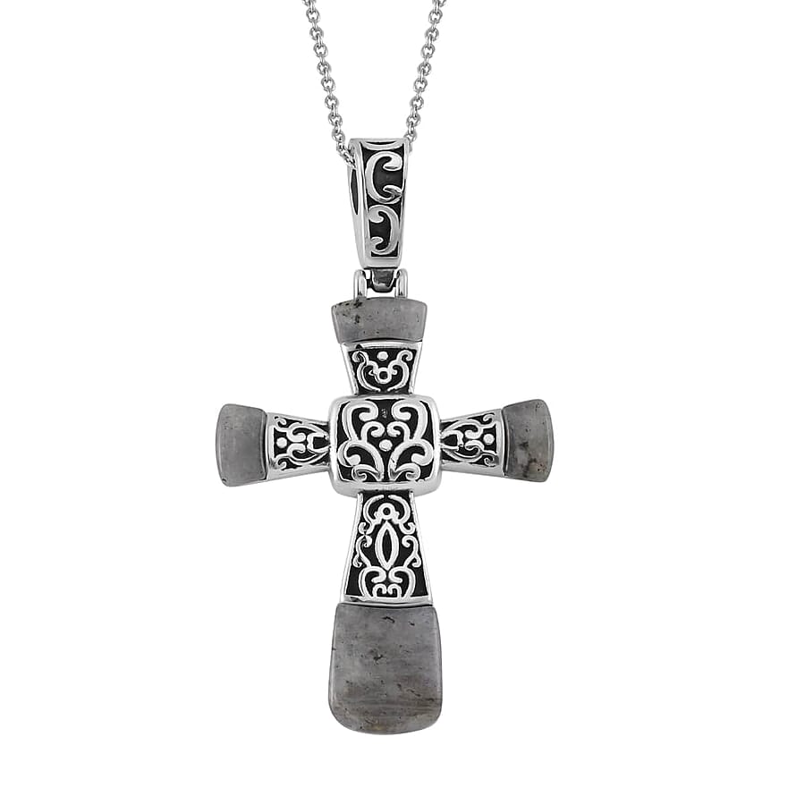 Set of 3 Malagasy Labradorite, Yellow Tiger Eye and Lapis Lazuli Inlay 21.30 ctw Cross Pendant Necklace in Stainless Steel 24 Inches