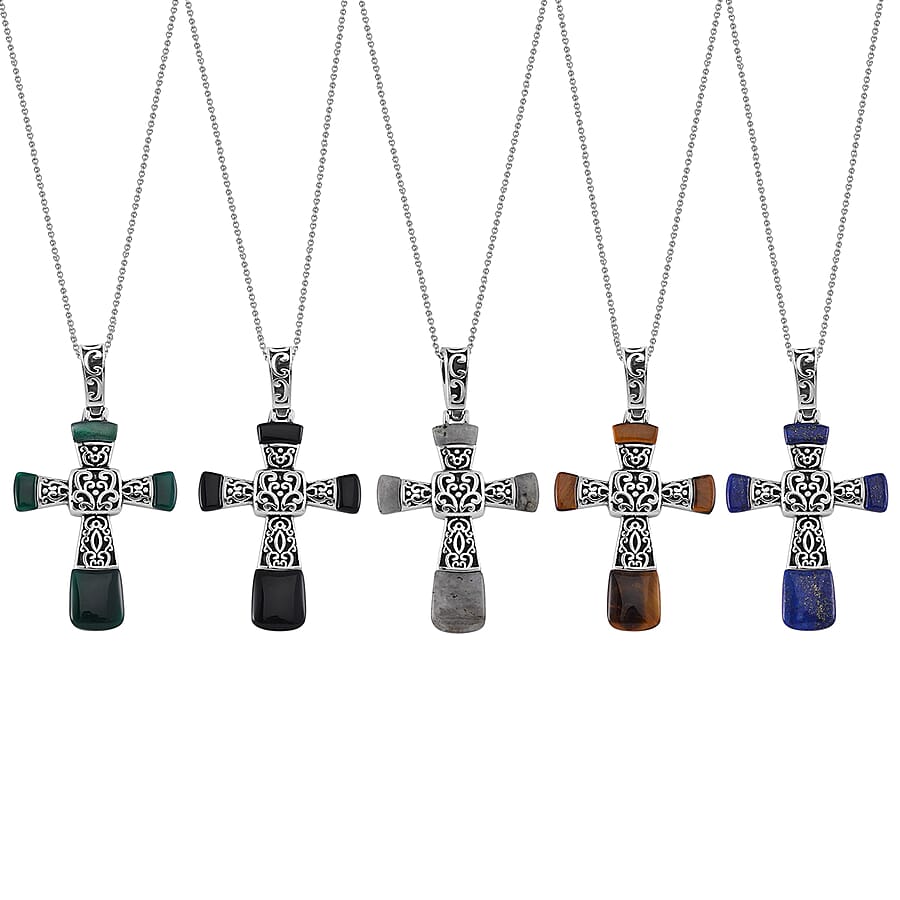 Set of 5 Multi Gemstone Inlay 35.50 ctw Cross Pendant Necklace in Stainless Steel 24 Inches