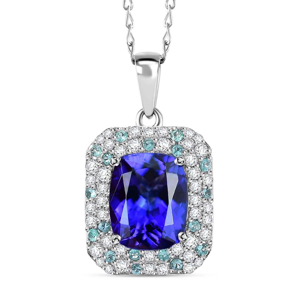 Certified & Appraised Rhapsody AAAA Tanzanite, Paraiba Tourmaline and E-F VS Diamond 4.26 ctw Pendant Necklace in 950 Platinum 18 Inches 6.06 Grams image number 0