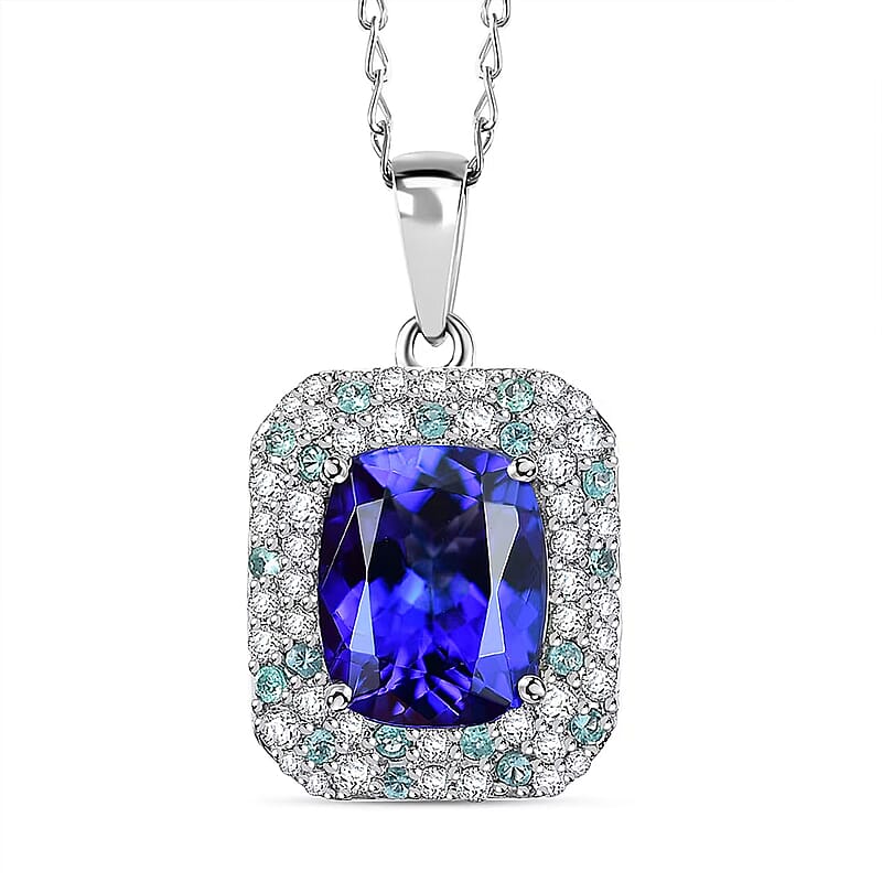 Certified & Appraised Rhapsody AAAA Tanzanite, Paraiba Tourmaline and E-F VS Diamond 4.26 ctw Pendant Necklace in 950 Platinum 18 Inches 6.06 Grams