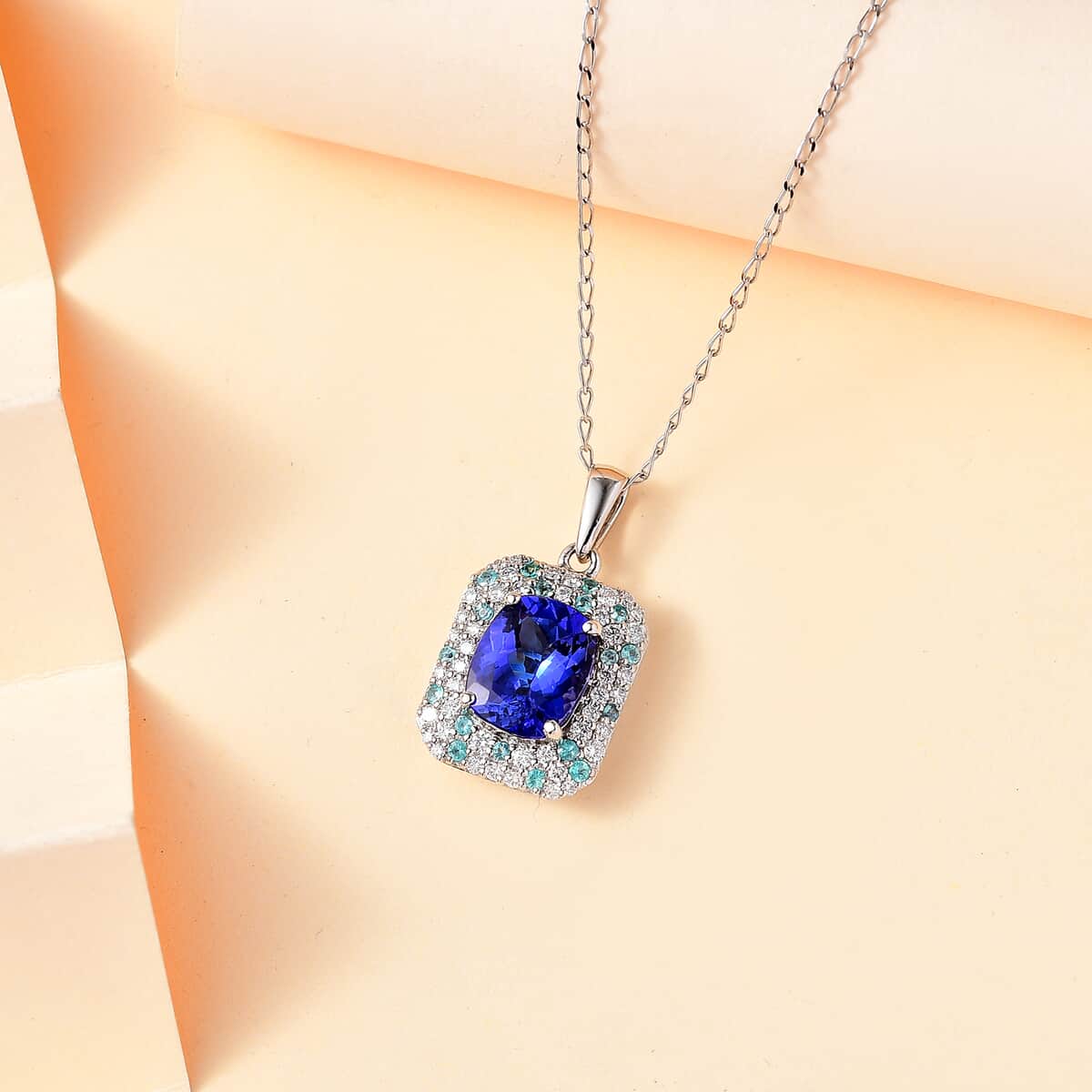 Certified & Appraised Rhapsody AAAA Tanzanite, Paraiba Tourmaline and E-F VS Diamond 4.26 ctw Pendant Necklace in 950 Platinum 18 Inches 6.06 Grams image number 1