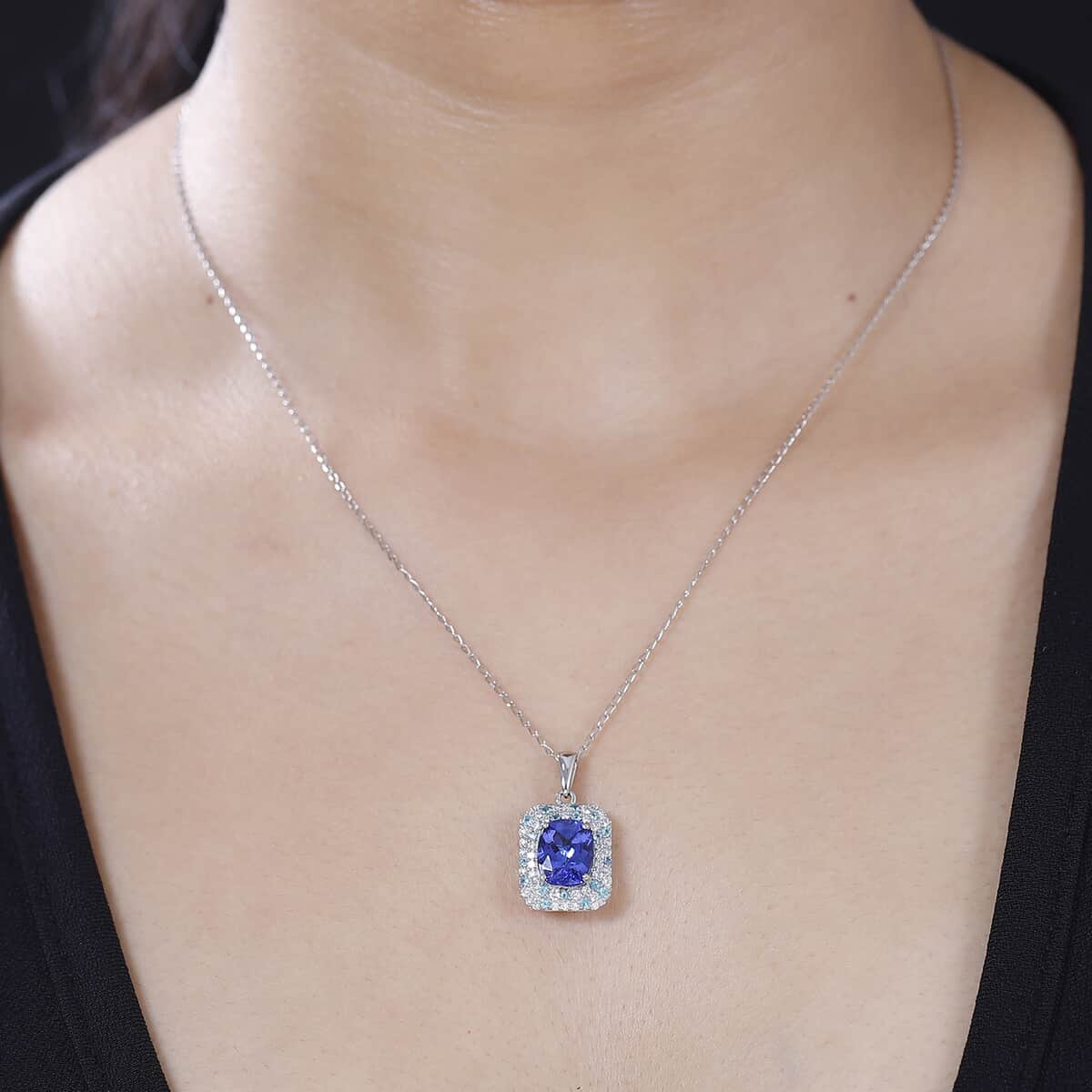 Certified & Appraised Rhapsody AAAA Tanzanite, Paraiba Tourmaline and E-F VS Diamond 4.26 ctw Pendant Necklace in 950 Platinum 18 Inches 6.06 Grams image number 2