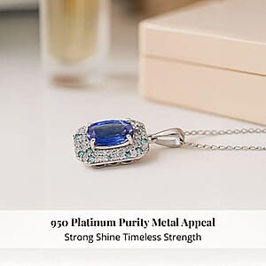Certified & Appraised Rhapsody AAAA Tanzanite, Paraiba Tourmaline and E-F VS Diamond 4.26 ctw Pendant Necklace in 950 Platinum 18 Inches 6.06 Grams