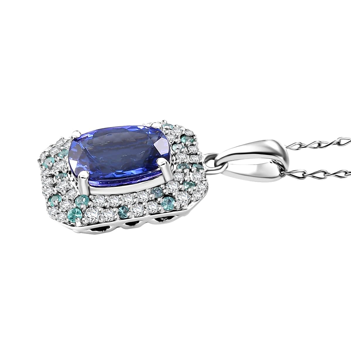 Certified & Appraised Rhapsody AAAA Tanzanite, Paraiba Tourmaline and E-F VS Diamond 4.26 ctw Pendant Necklace in 950 Platinum 18 Inches 6.06 Grams image number 3