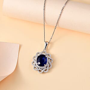 Kashmir Kyanite and Moissanite 5.40 ctw Galaxy Pendant Necklace in Rhodium Over Sterling Silver 20 Inches