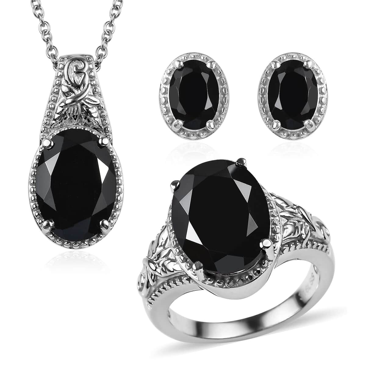 Doorbuster 3piece Set - Thai Black Spinel 11.70 ctw Stud Earrings, Solitaire Ring (Size 5.0) and Pendant Necklace 20 Inches in Stainless Steel image number 0