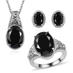 Doorbuster 3piece Set - Thai Black Spinel 11.70 ctw Stud Earrings, Solitaire Ring (Size 5.0) and Pendant Necklace 20 Inches in Stainless Steel