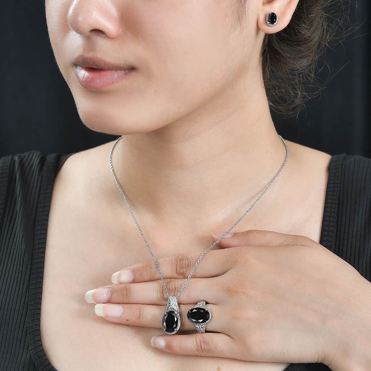 Doorbuster 3piece Set - Thai Black Spinel 11.70 ctw Stud Earrings, Solitaire Ring (Size 5.0) and Pendant Necklace 20 Inches in Stainless Steel image number 2