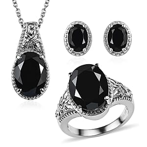 3piece Set - Thai Black Spinel 11.70 ctw Stud Earrings, Solitaire Ring (Size 7.0) and Pendant Necklace 20 Inches in Stainless Steel