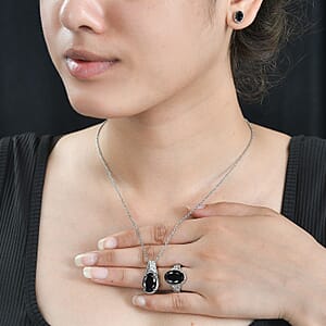 3piece Set - Thai Black Spinel 11.70 ctw Stud Earrings, Solitaire Ring (Size 7.0) and Pendant Necklace 20 Inches in Stainless Steel