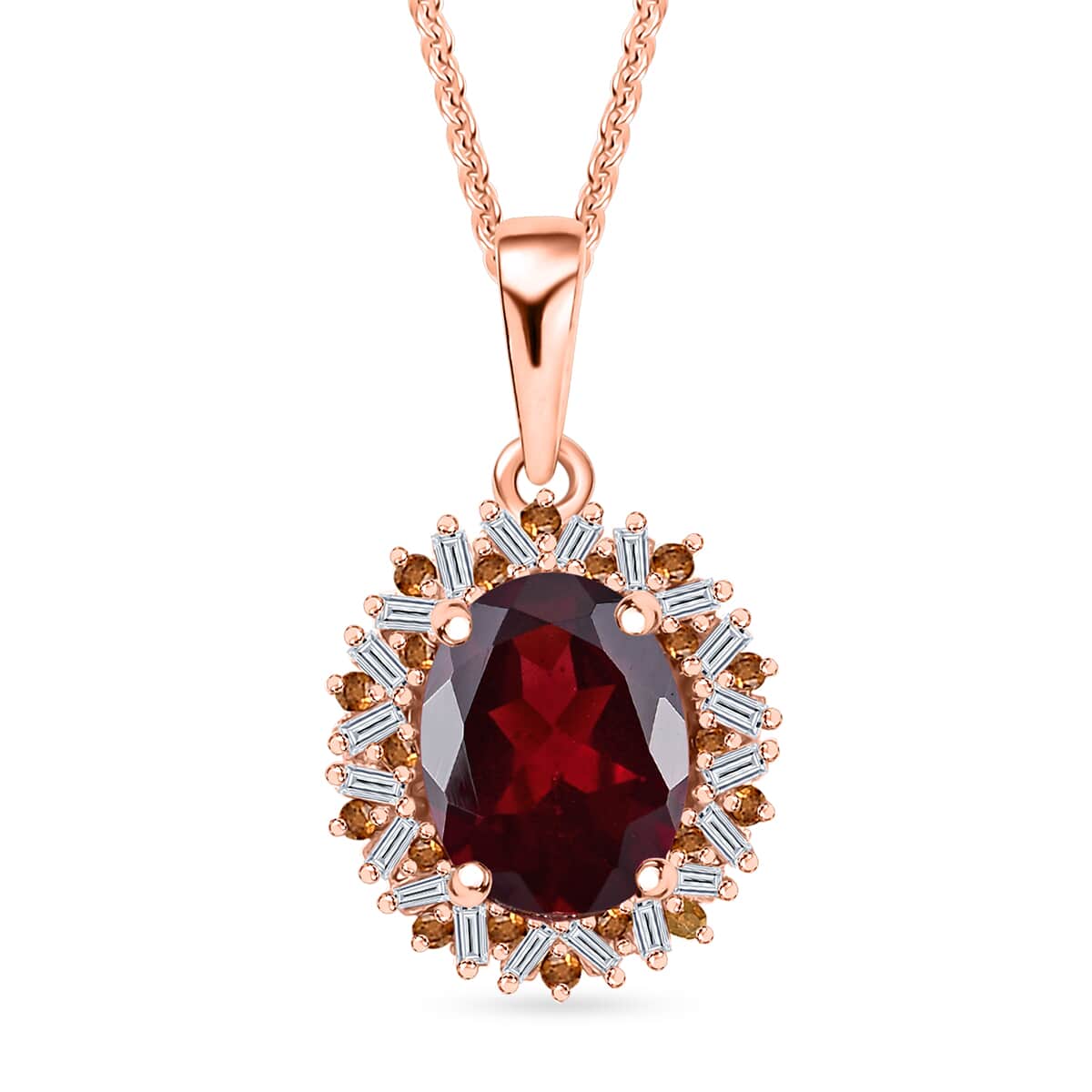 Premium Radiant Ember Garnet, Red and White Diamond 2.40 ctw Crimson Sunburst Pendant Necklace in 18K Vermeil Rose Gold Over Sterling Silver 20 Inches image number 0