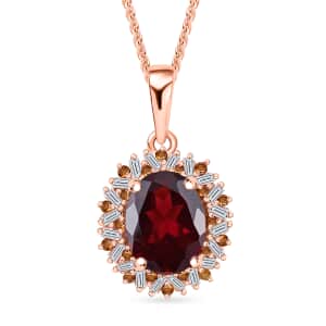 Premium Radiant Ember Garnet, Red and White Diamond 2.40 ctw Crimson Sunburst Pendant Necklace in 18K Vermeil Rose Gold Over Sterling Silver 20 Inches