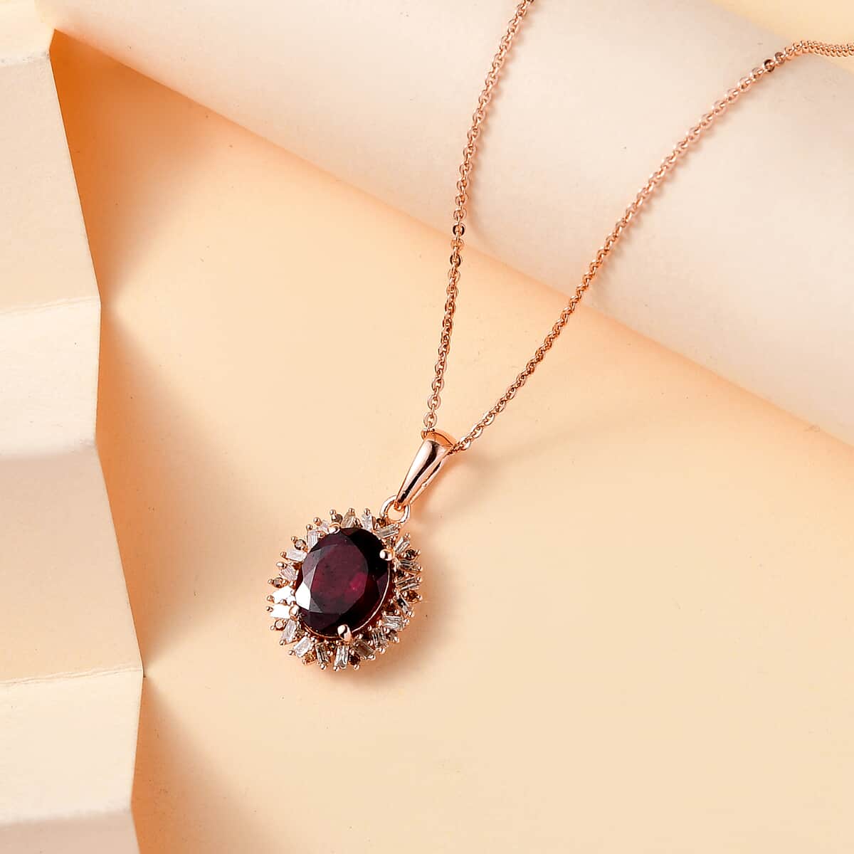 Premium Radiant Ember Garnet, Red and White Diamond 2.40 ctw Crimson Sunburst Pendant Necklace in 18K Vermeil Rose Gold Over Sterling Silver 20 Inches image number 1