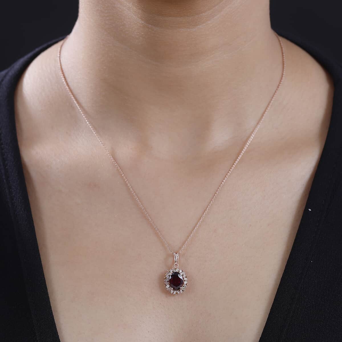 Premium Radiant Ember Garnet, Red and White Diamond 2.40 ctw Crimson Sunburst Pendant Necklace in 18K Vermeil Rose Gold Over Sterling Silver 20 Inches image number 2