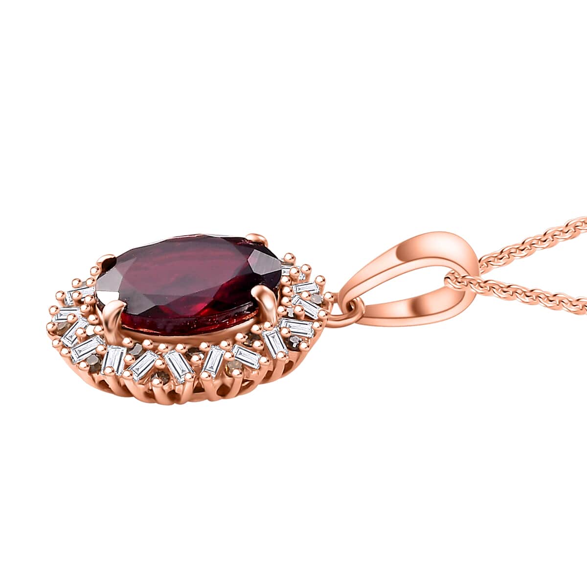 Premium Radiant Ember Garnet, Red and White Diamond 2.40 ctw Crimson Sunburst Pendant Necklace in 18K Vermeil Rose Gold Over Sterling Silver 20 Inches image number 3