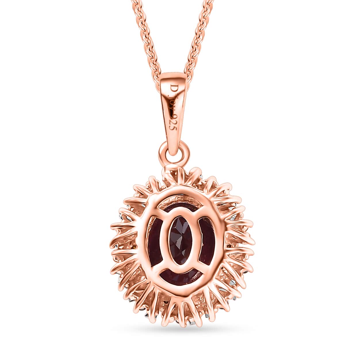 Premium Radiant Ember Garnet, Red and White Diamond 2.40 ctw Crimson Sunburst Pendant Necklace in 18K Vermeil Rose Gold Over Sterling Silver 20 Inches image number 4