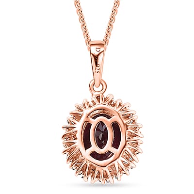 Premium Radiant Ember Garnet, Red and White Diamond 2.40 ctw Crimson Sunburst Pendant Necklace in 18K Vermeil Rose Gold Over Sterling Silver 20 Inches
