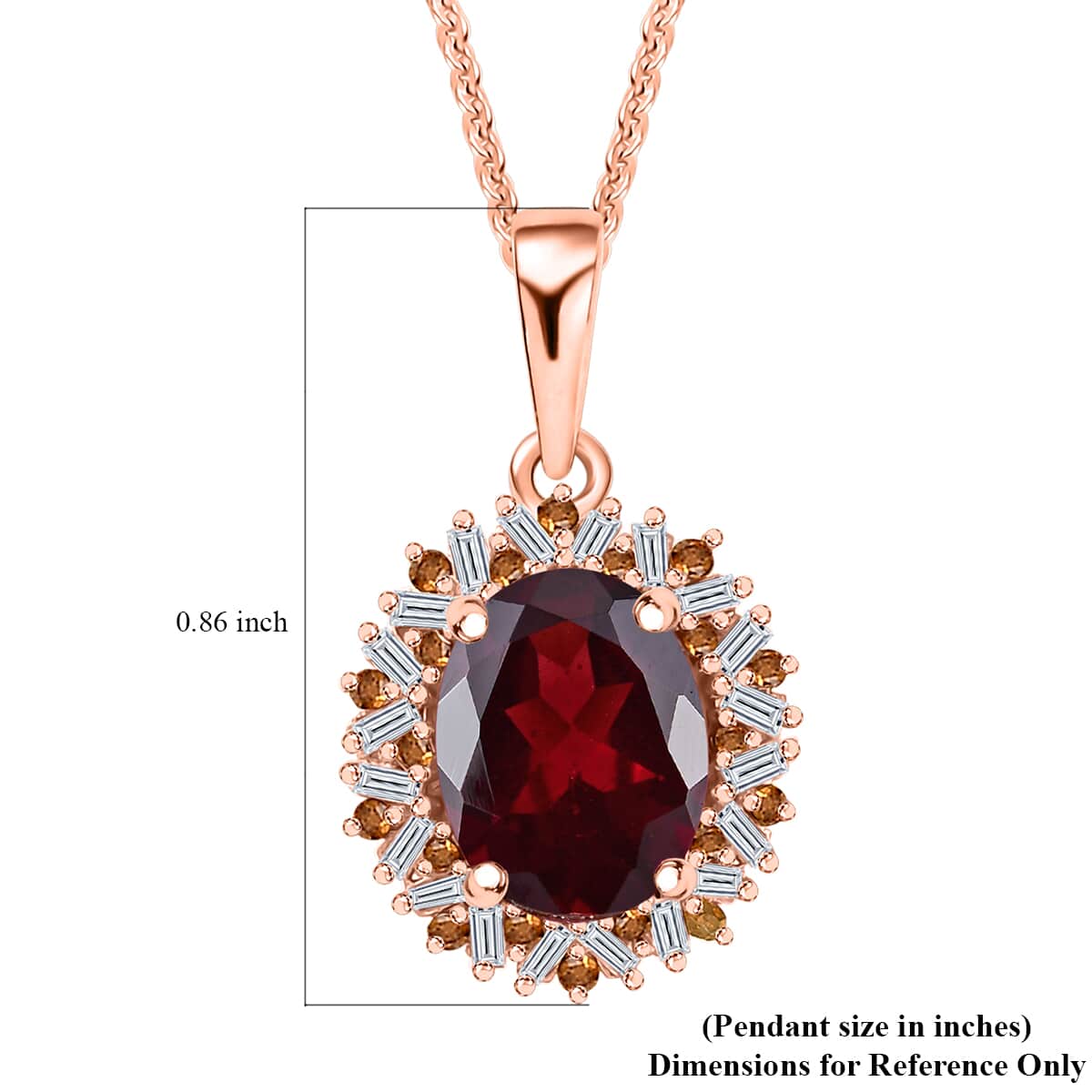 Premium Radiant Ember Garnet, Red and White Diamond 2.40 ctw Crimson Sunburst Pendant Necklace in 18K Vermeil Rose Gold Over Sterling Silver 20 Inches image number 6