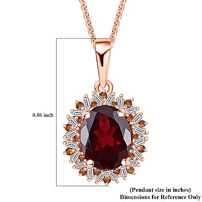 Premium Radiant Ember Garnet, Red and White Diamond 2.40 ctw Crimson Sunburst Pendant Necklace in 18K Vermeil Rose Gold Over Sterling Silver 20 Inches