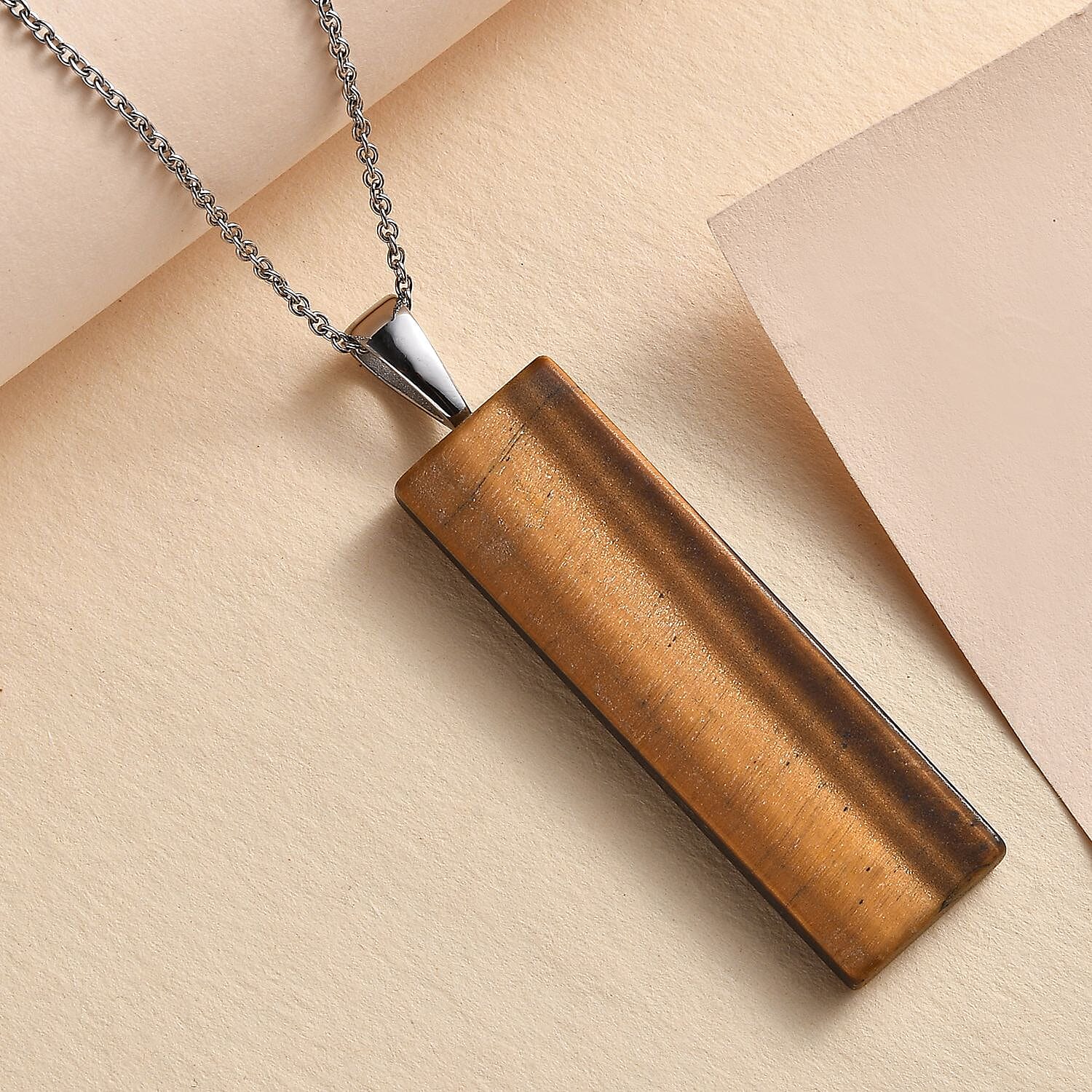 Tigers Eye 46.40 ctw Pendant Necklace 24 Inches in Stainless Steel
