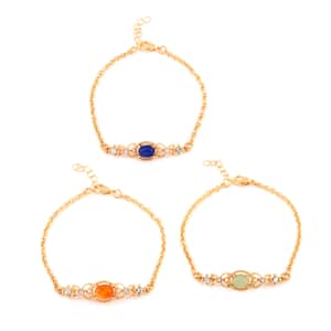 Set of 3 Lapis Lazuli, Jade, Sunstone and Simulated Diamond 5.80 ctw Bracelet in Goldtone (7.50In)