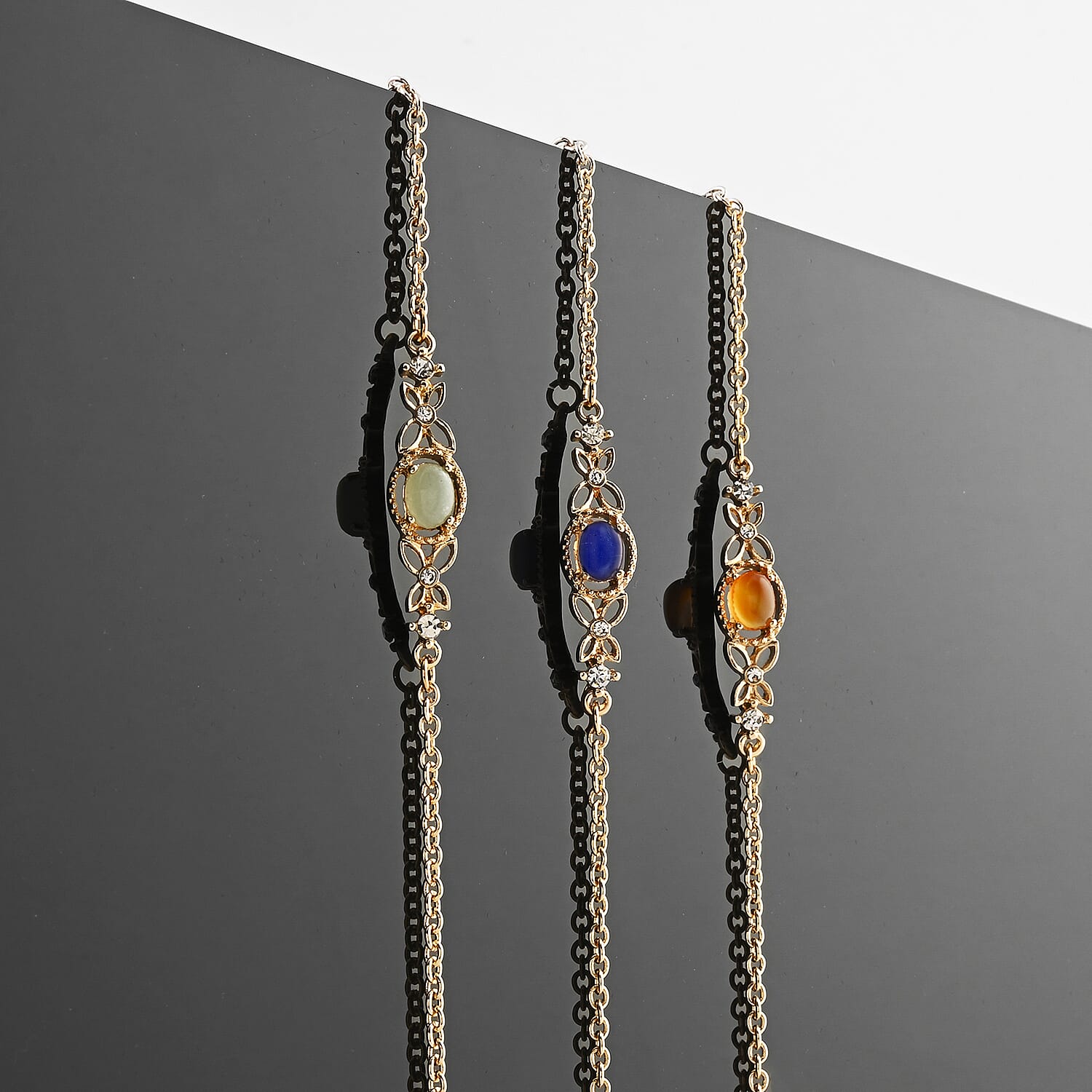 Set of 3 Lapis Lazuli, Jade, Sunstone and Simulated Diamond 5.80 ctw Bracelet in Goldtone (7.50In)
