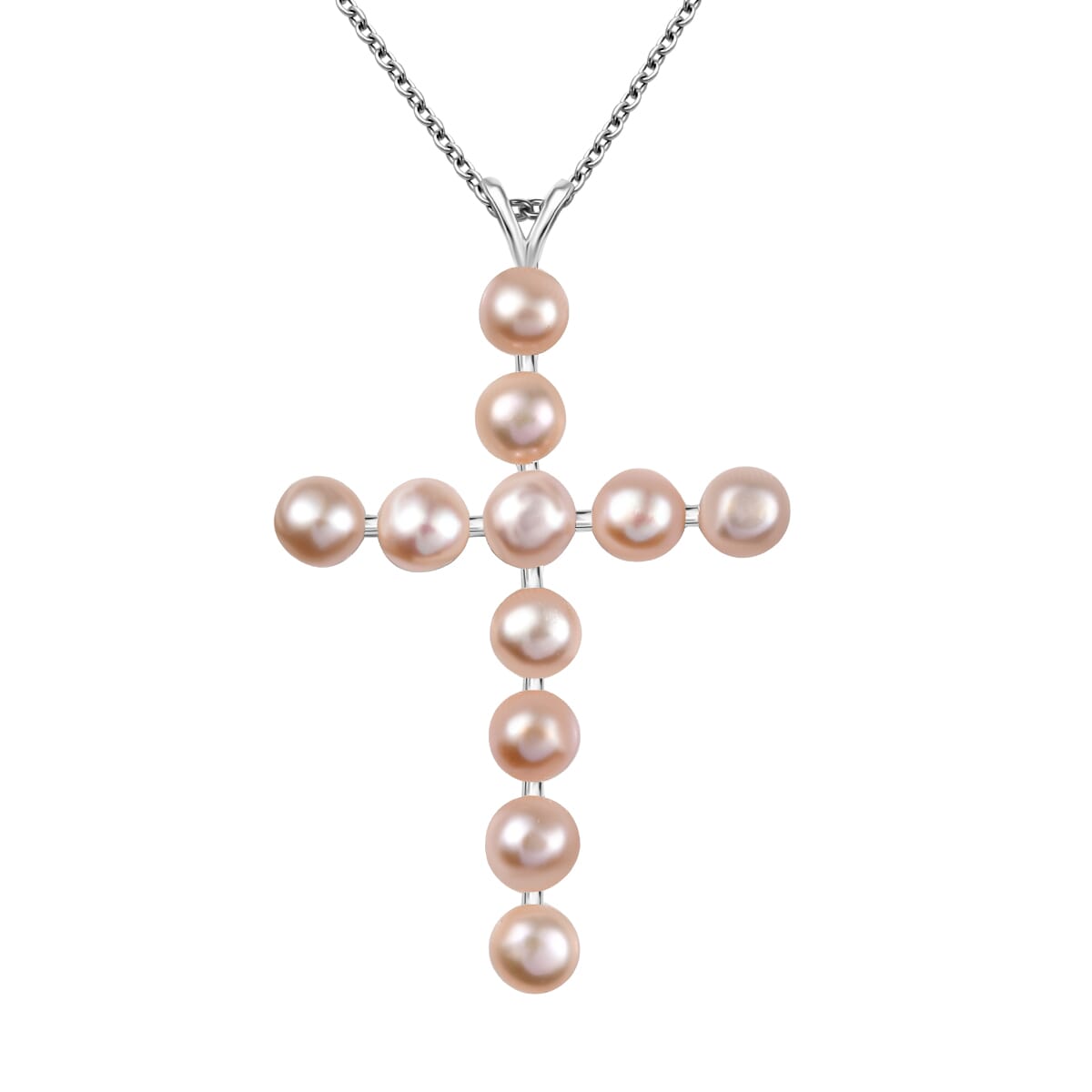 Pink Freshwater Pearl Cross Pendant in Sterling Silver with Stainless Steel Necklace 20 Inches image number 0