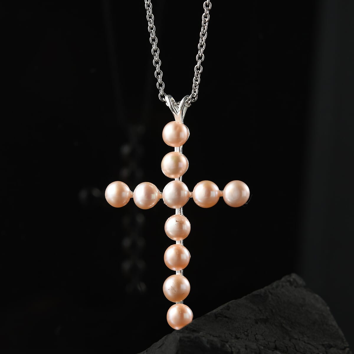 Pink Freshwater Pearl Cross Pendant in Sterling Silver with Stainless Steel Necklace 20 Inches image number 1