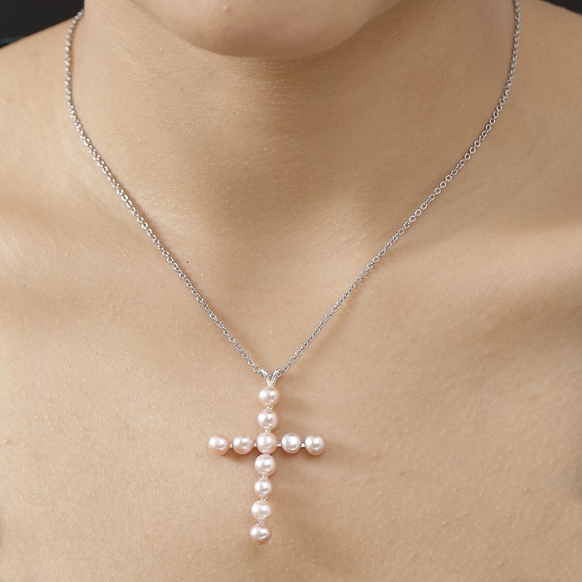 Pink Freshwater Pearl Cross Pendant in Sterling Silver with Stainless Steel Necklace 20 Inches image number 2